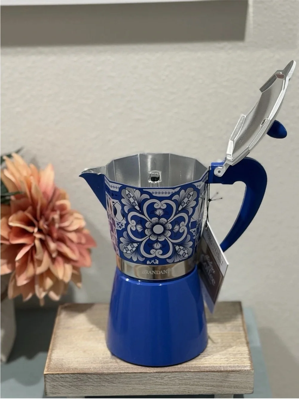 Brandani Italian Coffee Maker Moka Pot Blue Aluminum 9 Cup NEW